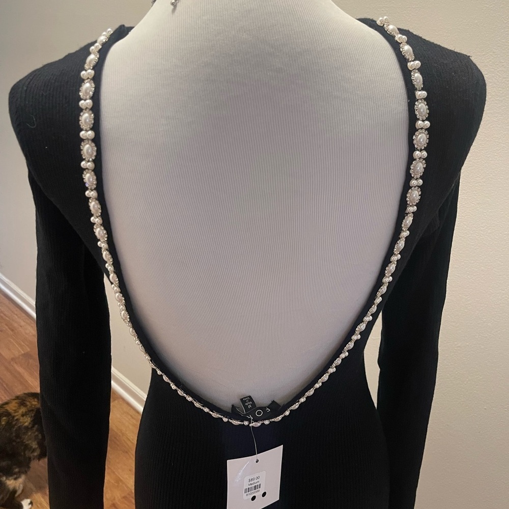 Black Backless Knit Dress with Pearl-Trim Detail